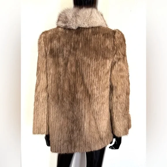 Brown stripped mink fur jacket coat with blue Fox trim - Picture 6 of 16